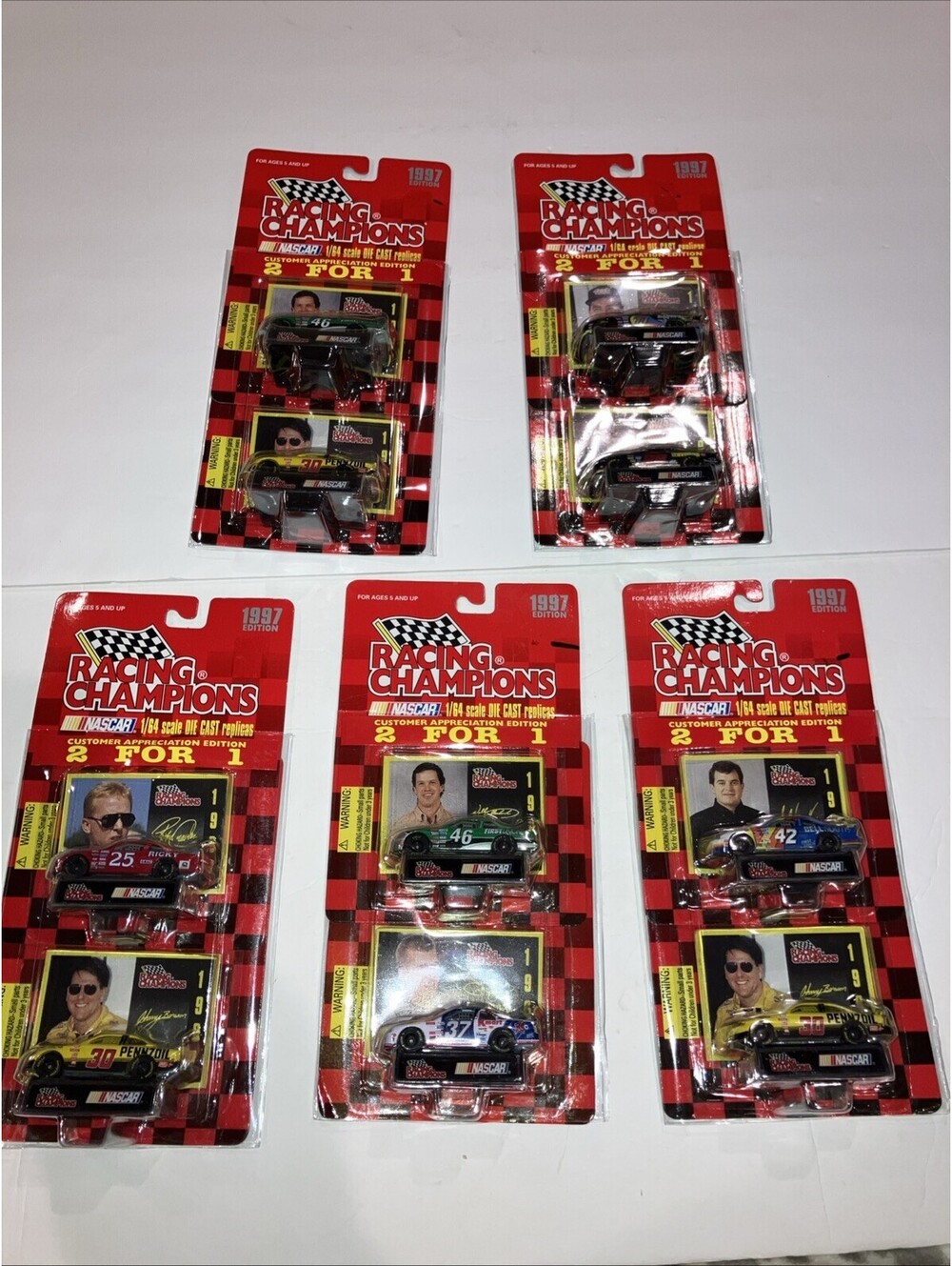 LOT OF 5 VINTAGE 1997 NASCAR Racing Champions 2 for 1 Packs 1/64 Die Cast NEW